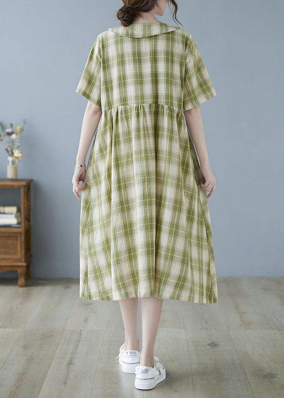 Boho Green Plaid Peter Pan Collar Button Summer Party Dress Half Sleeve - SooLinen