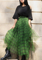 Boho Green Plaid tulle asymmetrical design Skirt Summer - SooLinen