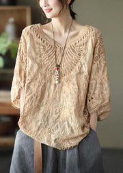 Boho Khaki Cotton V Neck Embroideried Hollow Out Summer Blouses - SooLinen