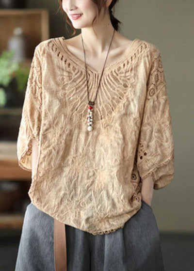 Boho Khaki Cotton V Neck Embroideried Hollow Out Summer Blouses - SooLinen