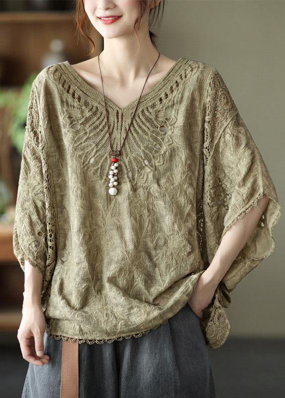 Boho Khaki Cotton V Neck Embroideried Hollow Out Summer Blouses - SooLinen