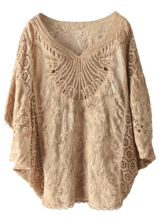 Boho Khaki Cotton V Neck Embroideried Hollow Out Summer Blouses - SooLinen