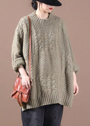 Boho Khaki Loose Cable knit Fall Long Knit Top - SooLinen