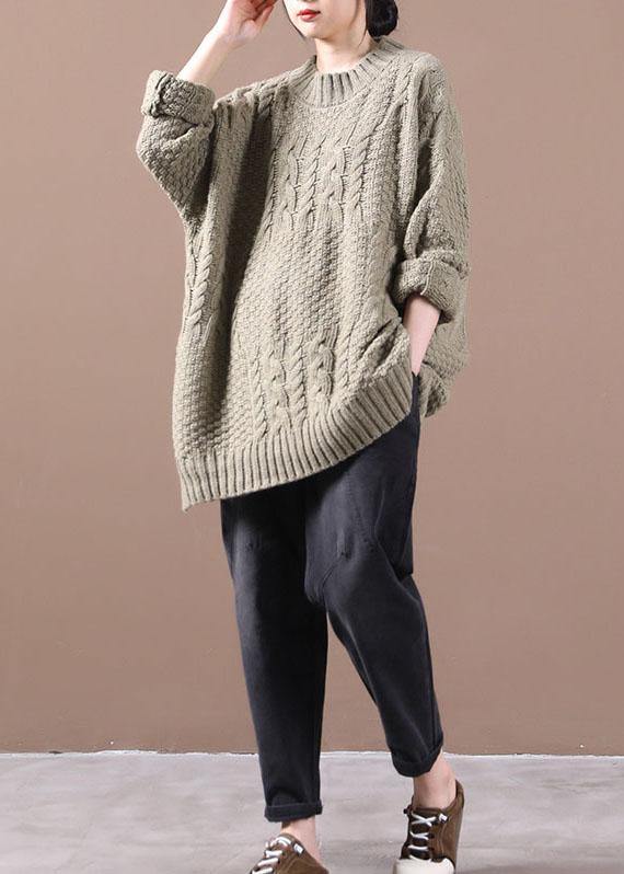 Boho Khaki Loose Cable knit Fall Long Knit Top - SooLinen