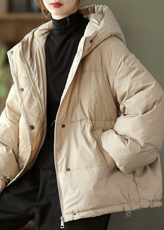 Boho Khaki hooded zippered Pockets Loose Winter Down Coat