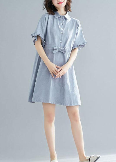 Boho Light Blue Peter Pan Collar Ruffled Mini Summer Cotton Dress - SooLinen