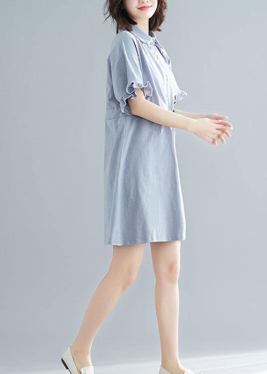 Boho Light Blue Peter Pan Collar Ruffled Mini Summer Cotton Dress - SooLinen