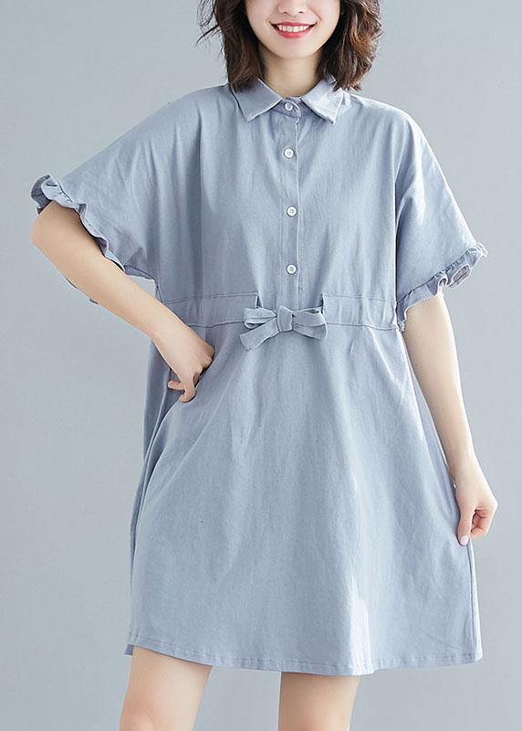 Boho Light Blue Peter Pan Collar Ruffled Mini Summer Cotton Dress - SooLinen