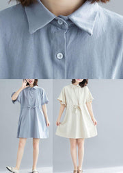 Boho Light Blue Peter Pan Collar Ruffled Mini Summer Cotton Dress - SooLinen