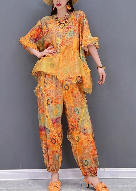 Boho Orange Rüschen asymmetrisches Design Patchwork Tüll Oberteile und Hosen Zweiteiler Sommer