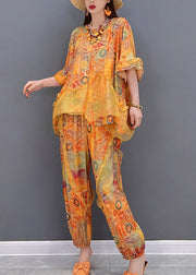 Boho Orange Ruffled asymmetrical design Patchwork Tulle tops and pants Two Pieces Set Summer