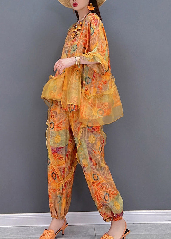 Boho Orange Ruffled asymmetrical design Patchwork Tulle tops and pants Two Pieces Set Summer