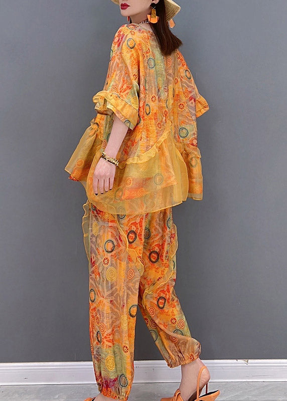 Boho Orange Ruffled asymmetrical design Patchwork Tulle tops and pants Two Pieces Set Summer