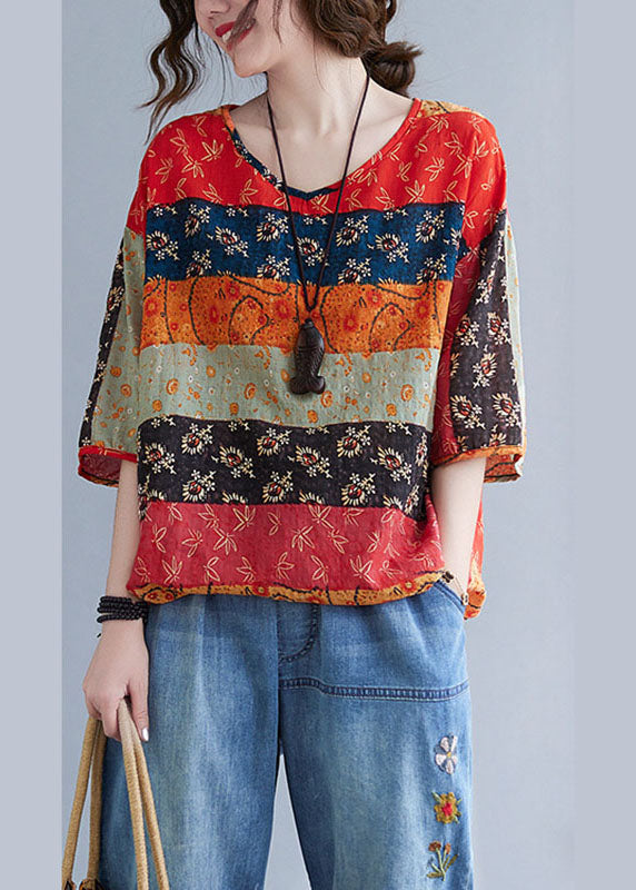 Boho Print V Neck Patchwork Loose drawstring Fall Blouses Half Sleeve