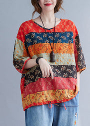 Boho Print V Neck Patchwork Loose drawstring Fall Blouses Half Sleeve