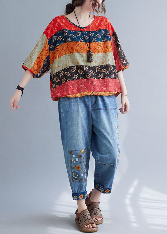 Boho Print V Neck Patchwork Loose drawstring Fall Blouses Half Sleeve