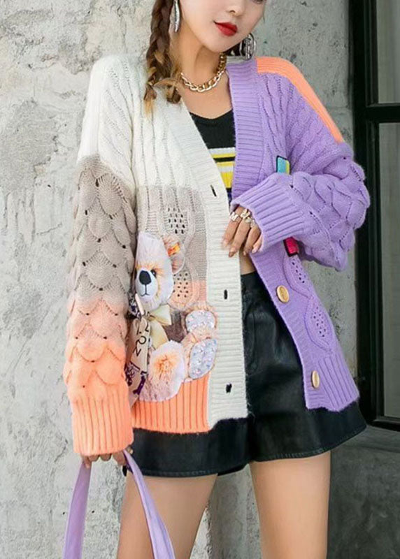 Boho Purple Loose Casual Patchwork Fall Coat Sweater