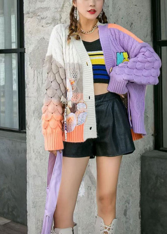 Boho Purple Loose Casual Patchwork Fall Coat Sweater