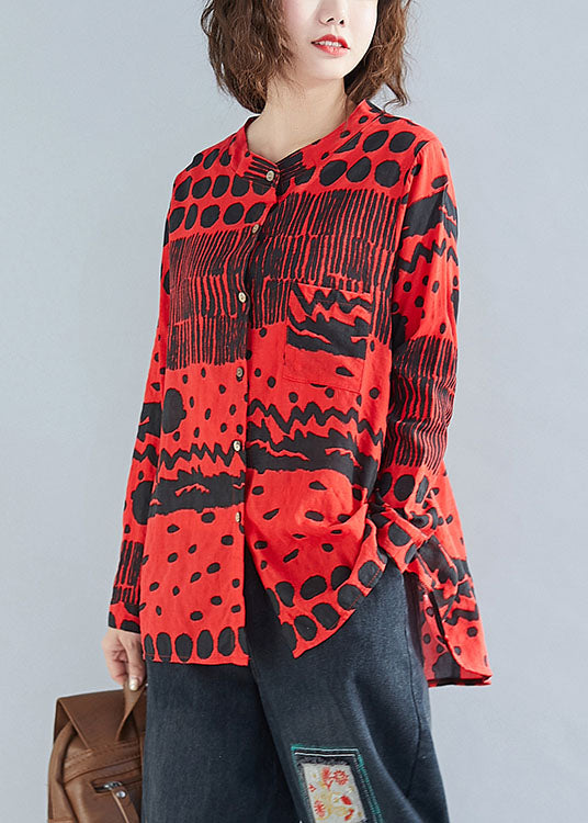 Boho Red O-Neck Button Print Pockets Fall Blouses Long sleeve