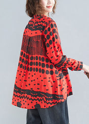 Boho Red O-Neck Button Print Pockets Fall Blouses Long sleeve