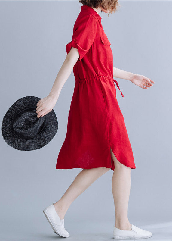 Boho Red Peter Pan Collar drawstring Shirt Dresses Summer