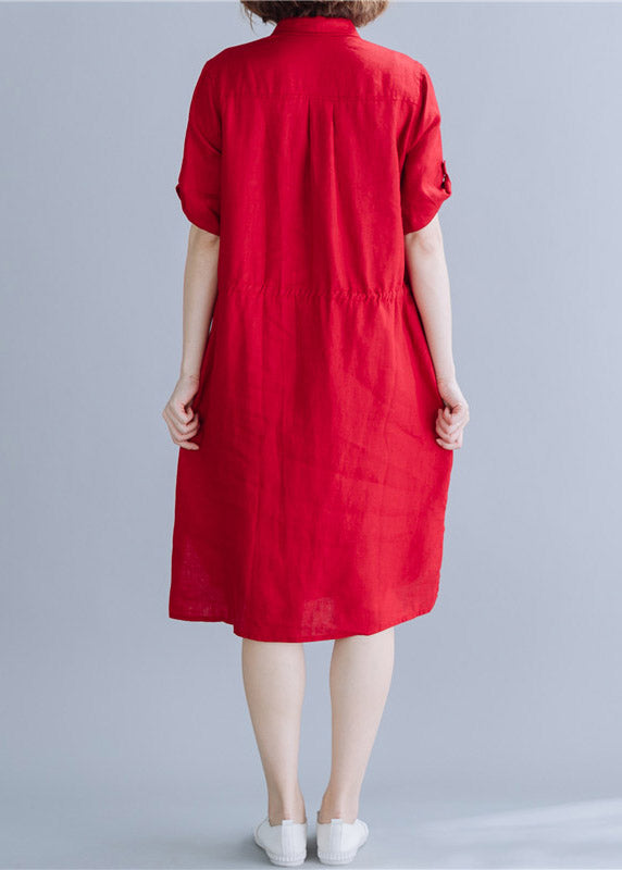 Boho Red Peter Pan Collar drawstring Shirt Dresses Summer