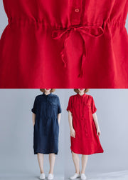 Boho Red Peter Pan Collar drawstring Shirt Dresses Summer