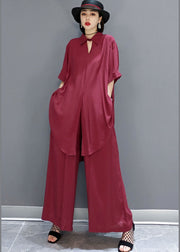 Boho Red Peter Pan Collar shirt wide leg pants Satin Two Pieces Set Spring