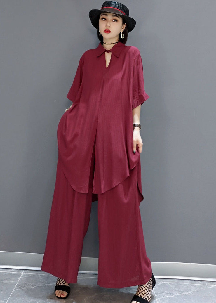 Boho Red Bubikragen Hemd Hose mit weitem Bein Satin Zweiteiler Frühling