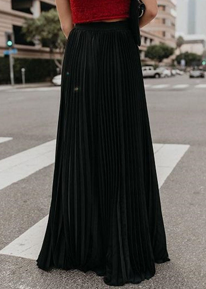 Boho Solid Black Elastic Waist Chiffon Pleated Skirts summer