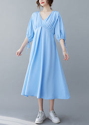 Boho Solid Blue V Neck Wrinkled Chiffon Long Dresses Bracelet Sleeve