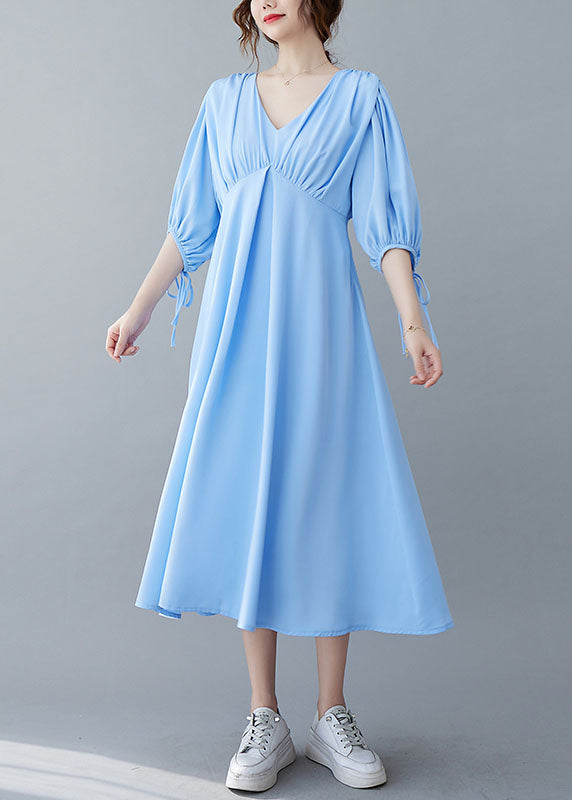 Boho Solid Blue V Neck Wrinkled Chiffon Long Dresses Bracelet Sleeve