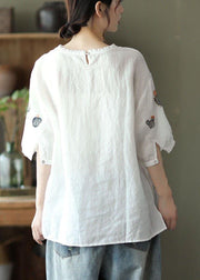 Boho White O-Neck Embroideried Summer Ramie Blouse Half Sleeve - SooLinen