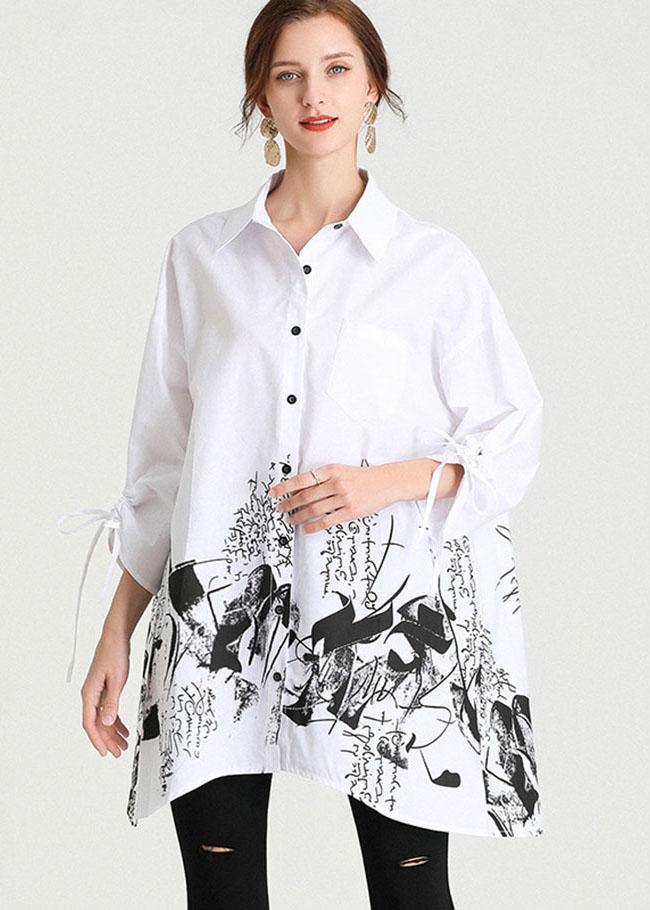 Boho White Peter Pan Collar Button Print Top Shirts - SooLinen