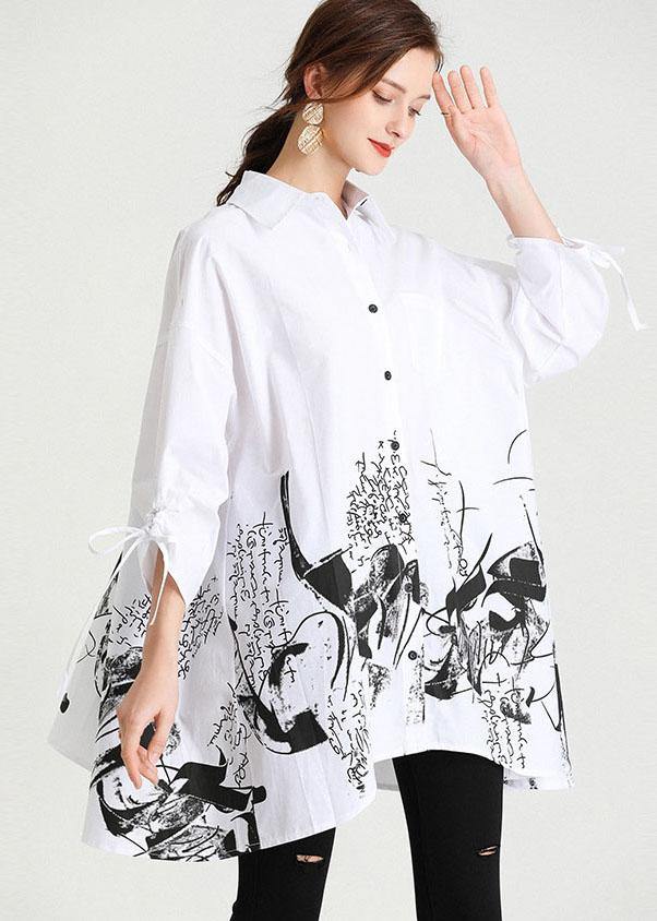 Boho White Peter Pan Collar Button Print Top Shirts - SooLinen