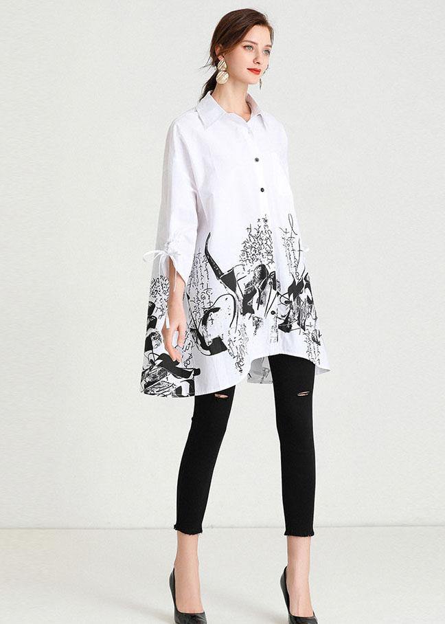 Boho White Peter Pan Collar Button Print Top Shirts - SooLinen