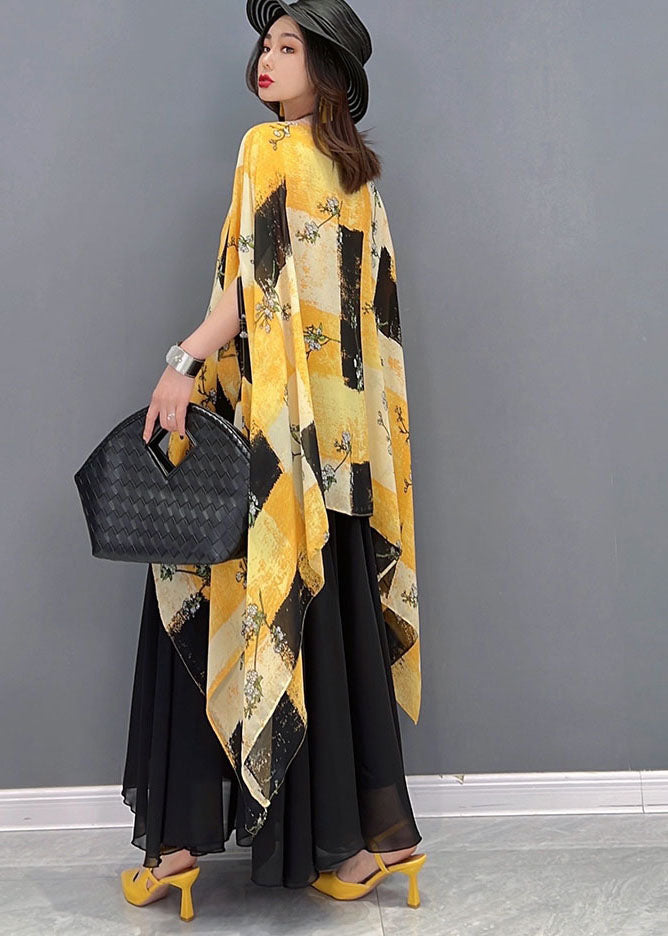 Boho Yellow Asymmetrical Print Chiffon Tops And Skirts Two Piece Outfit Summer