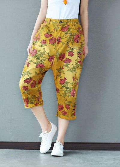 Boho Yellow Button Pockets Print Fall Crop Pants Cotton - SooLinen