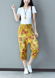 Boho Yellow Button Pockets Print Fall Crop Pants Cotton - SooLinen