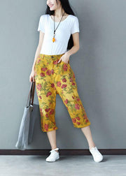 Boho Yellow Button Pockets Print Fall Crop Pants Cotton - SooLinen