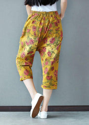 Boho Yellow Button Pockets Print Fall Crop Pants Cotton - SooLinen