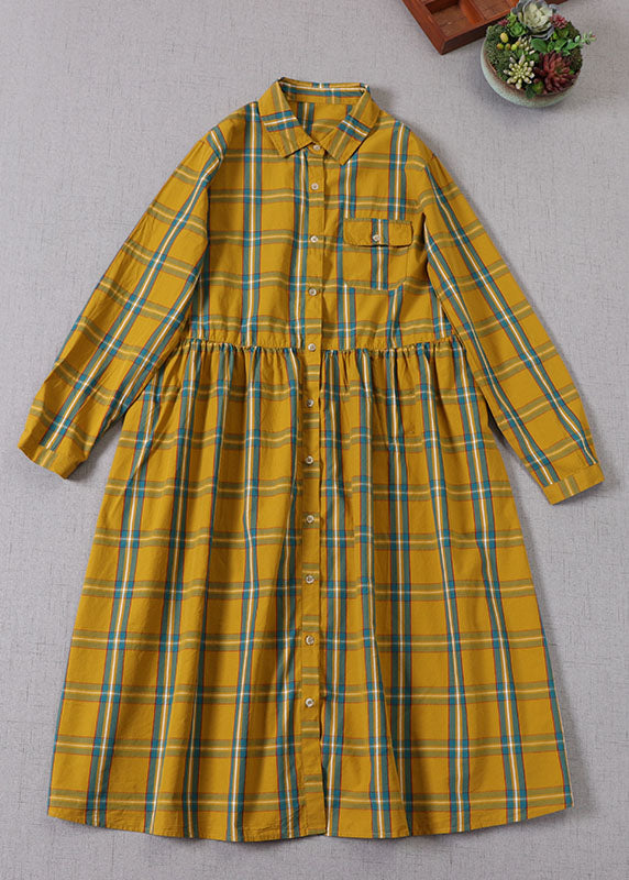 Boho Yellow Green Plaid Peter Pan Collar Button Cotton Holiday Dress Long Sleeve