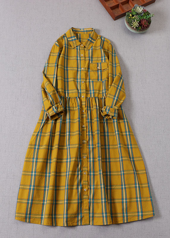 Boho Yellow Green Plaid Peter Pan Collar Button Cotton Holiday Dress Long Sleeve