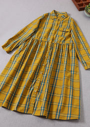 Boho Yellow Green Plaid Peter Pan Collar Button Cotton Holiday Dress Long Sleeve