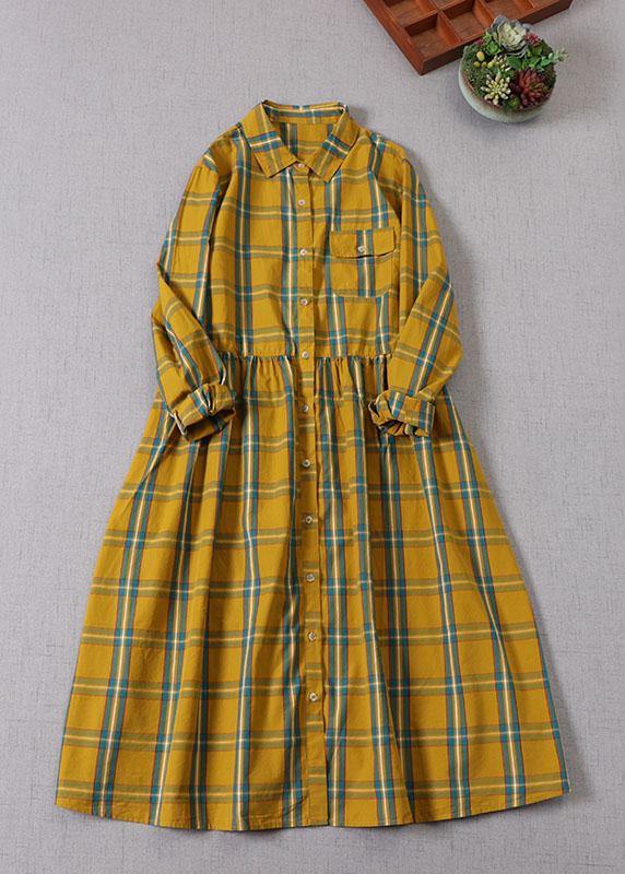 Boho Yellow Green Plaid Pockets ButtonTie Waist Fall Wrinkled Maxi Dress Long Sleeve - SooLinen