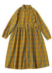 Boho Yellow Green Plaid Pockets ButtonTie Waist Fall Wrinkled Maxi Dress Long Sleeve - SooLinen