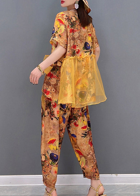 Boho Yellow O-Neck Print Tulle Patchwork Chiffon tops and pants Two Piece Set Women Clothing Short Sleeve