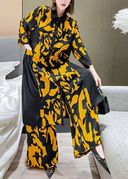 Boho Yellow Peter Pan Collar Patchwork Silk shirt wide leg pants Two Pieces Set Spring