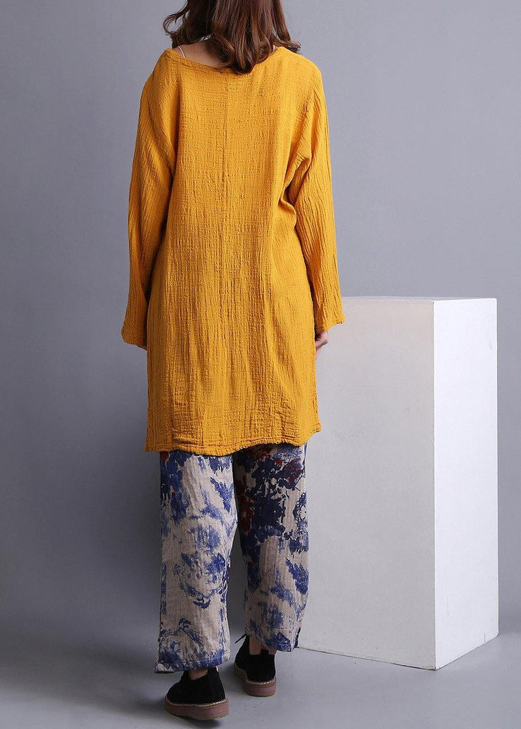 Boho Yellow U Neck low high design Linen Spring Shirt - SooLinen