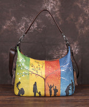 Boho Gelb Charakter Paitings Tote Handtasche aus Kalbsleder